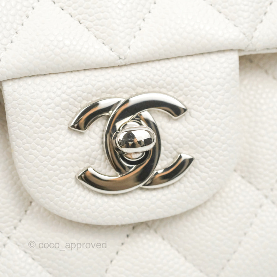 Chanel Classic Medium Double Flap Bag in White Caviar Leather with Silver Hardware - Luxury Handbag for Women, Perfect for Work, Parties & Everyday Use