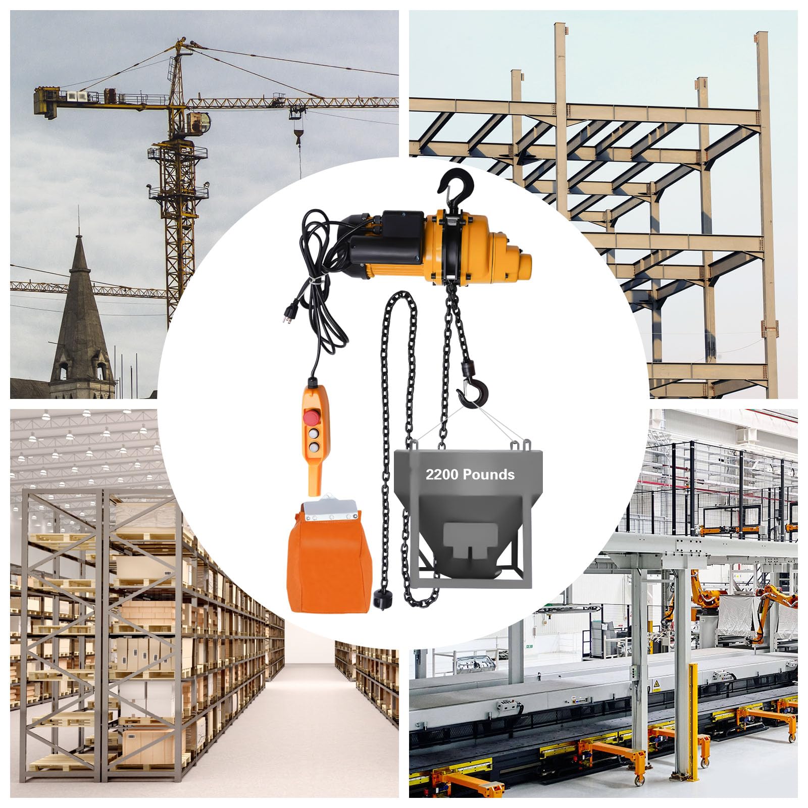 1 Ton Electric Chain Hoist - 2200 LBS Capacity with 3M Wired Remote Control, 1500W Heavy Duty Lifting System, Emergency Stop & 13ft Max Lift - 110V for Warehouse, Construction & Industrial Use