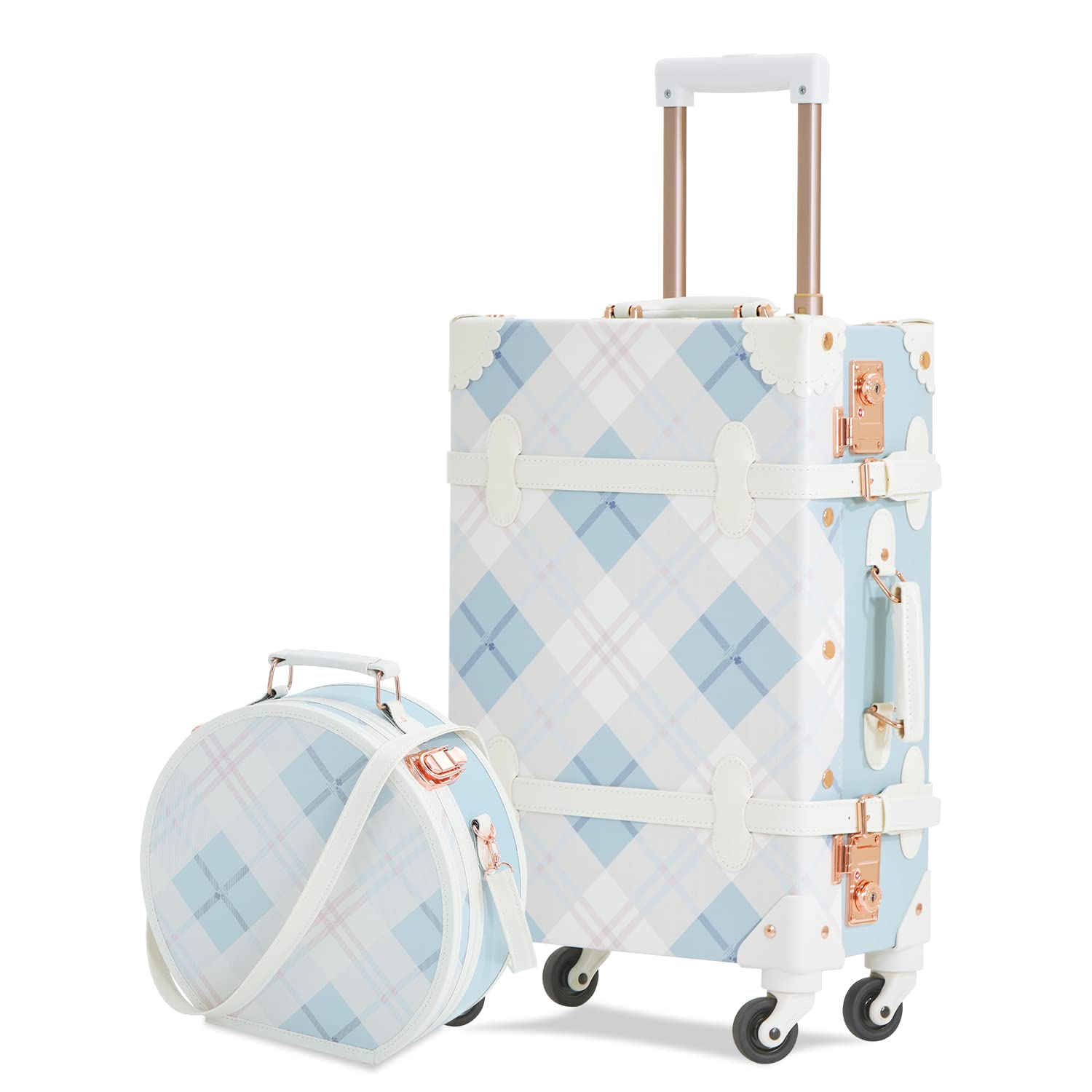 Vintage 2-Piece Luggage Set for Women - 20in Carry On Suitcase & 12in Hat Box Cosmetic Case (Plaid Design) - Perfect for Travel, Weekend Getaways & Airplane Carry On