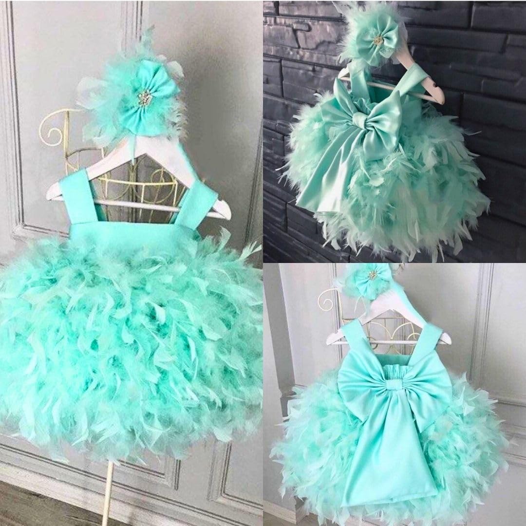 **Elegant Baby Girl Feather Cupcake Pageant Dress - Sleeveless Floral Maxi Toddler Outfit for Birthday, Holiday & Special Occasions - Green 9-12 Months US Kids' Size**    *Perfect for birthday parties, holiday celebrations, pageants, photo shoots, and special family events.*
