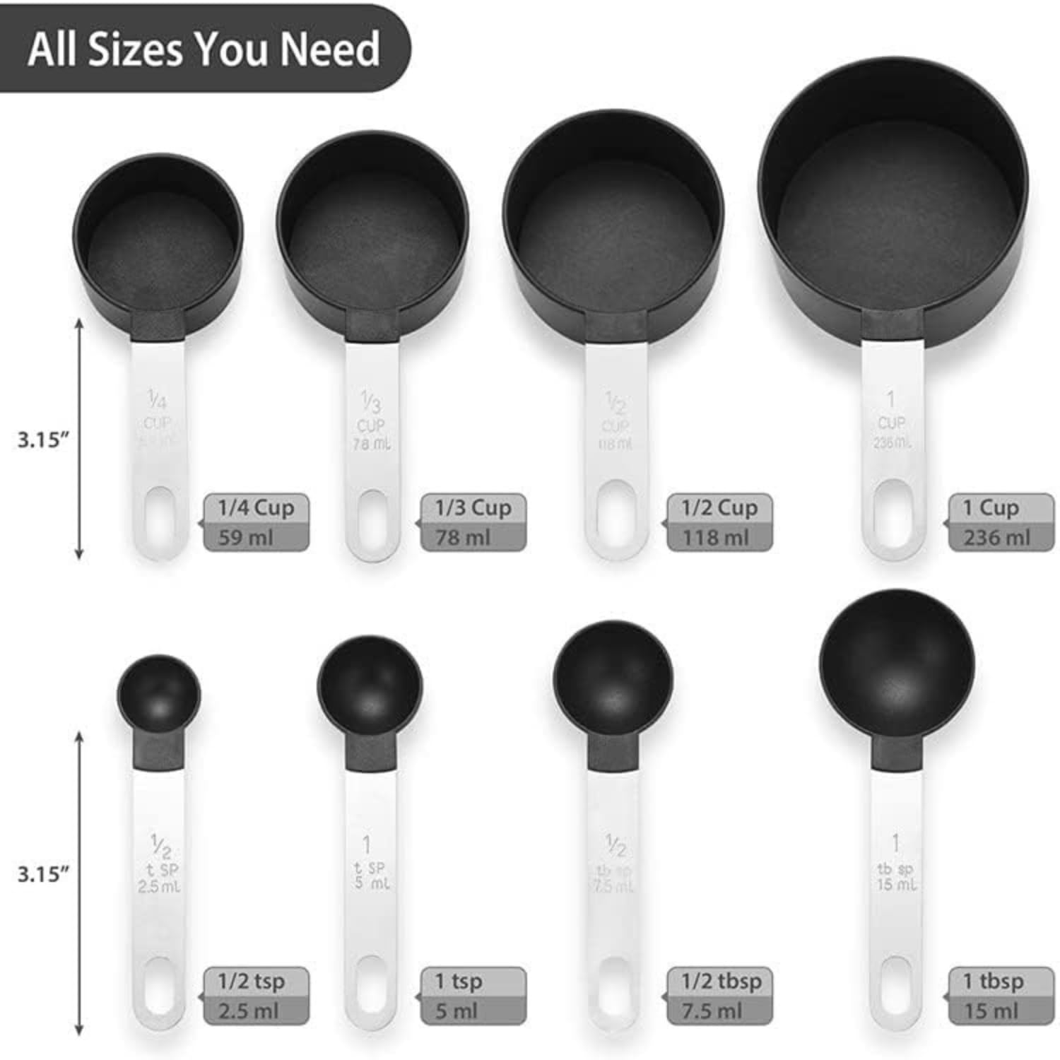 MobFest® 8-Piece Stainless Steel Measuring Cups and Spoons Set - Food Grade, BPA Free, Engraved Measurements, Dishwasher Safe, Rustproof & Odorless - Perfect for Baking, Cooking & Meal Prep (Black)