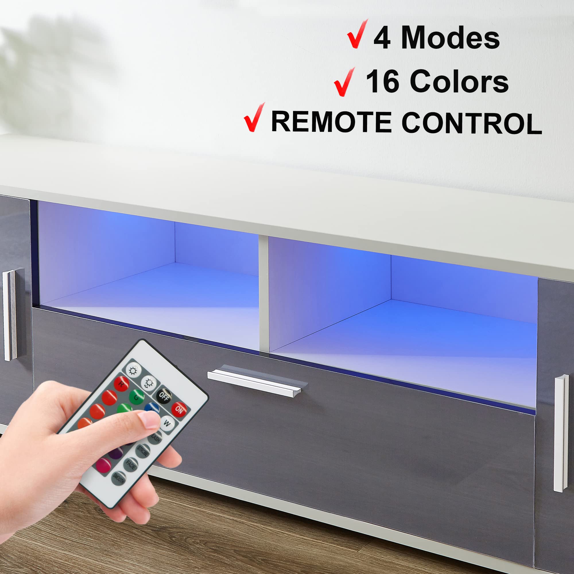 65 Inch LED TV Stand with Storage - High Gloss Entertainment Center TV Console Table Cabinet for Living Room & Bedroom (Grey) - Perfect for Home Theater Setup & Living Room Organization