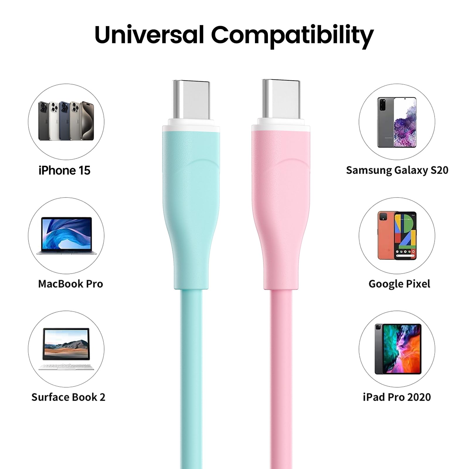 2-Pack 6ft USB C to USB C Fast Charging Cable 60W PD - Compatible with iPhone 16/15 Pro Max, Samsung Galaxy S23/S22 Ultra, MacBook Air/Pro 2020, iPad Pro - Perfect for Home, Office & Travel Charging
