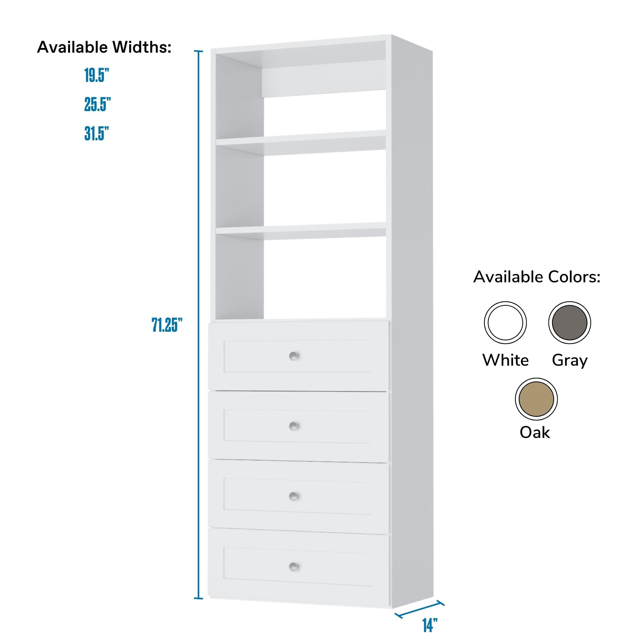 4-Drawer Closet Organizer Tower with Shelves - Space-Saving Storage Solution for Bedroom, Closet, or Office