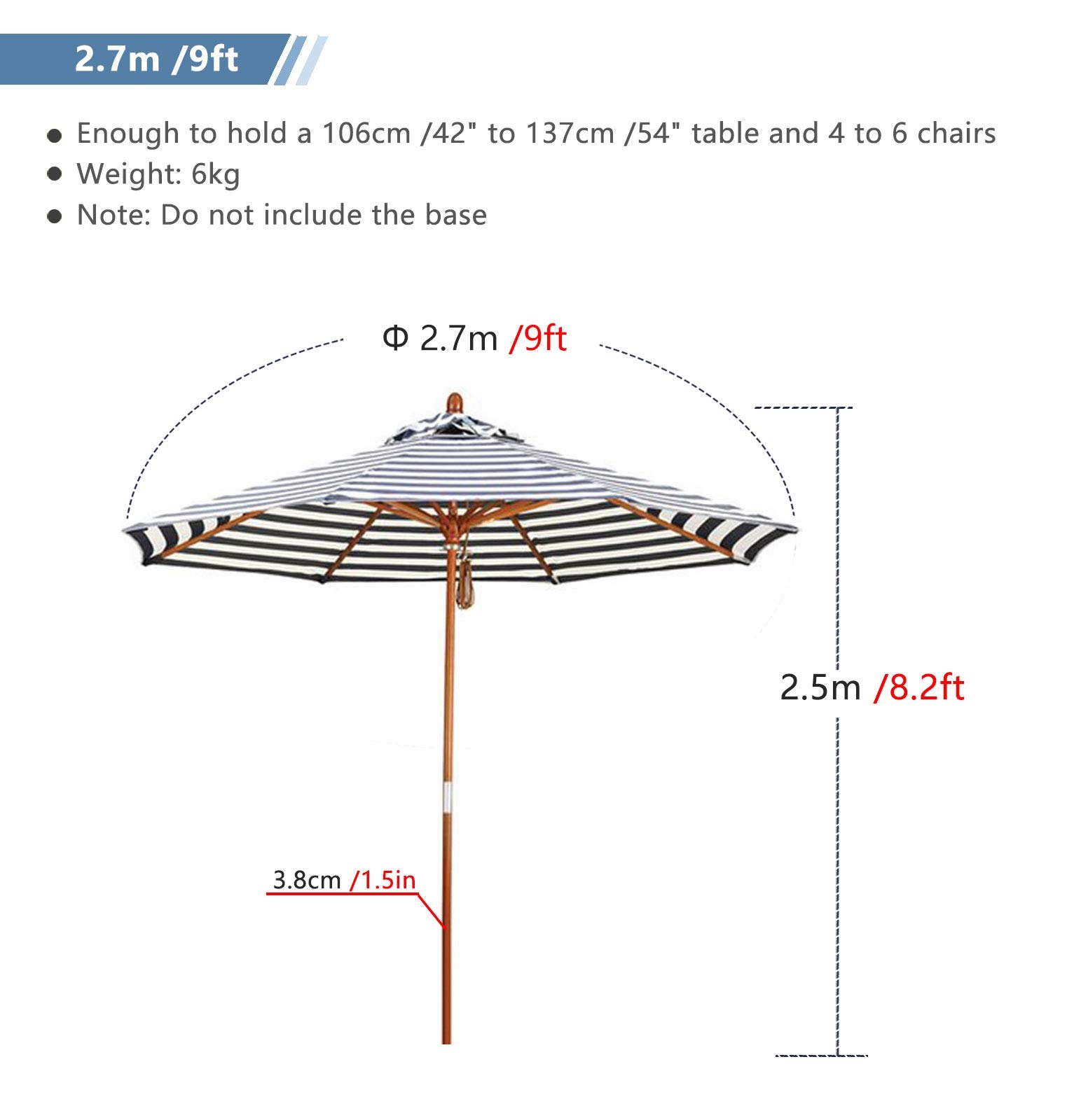 9ft Striped Beach Umbrella with Wooden Pole - Portable Patio Sun Shade for Outdoor, Backyard, Pool & Market - Perfect for Beach Days, Garden Relaxation & Outdoor Dining
