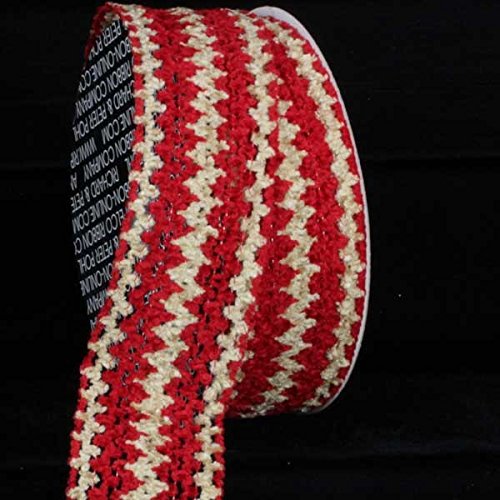 Red and White Chevron Striped Chenille Wired Craft Ribbon - 1.5 Inch x 40 Yards Bulk Roll for Gift Wrapping, DIY Decorations, Party Supplies & Scrapbooking