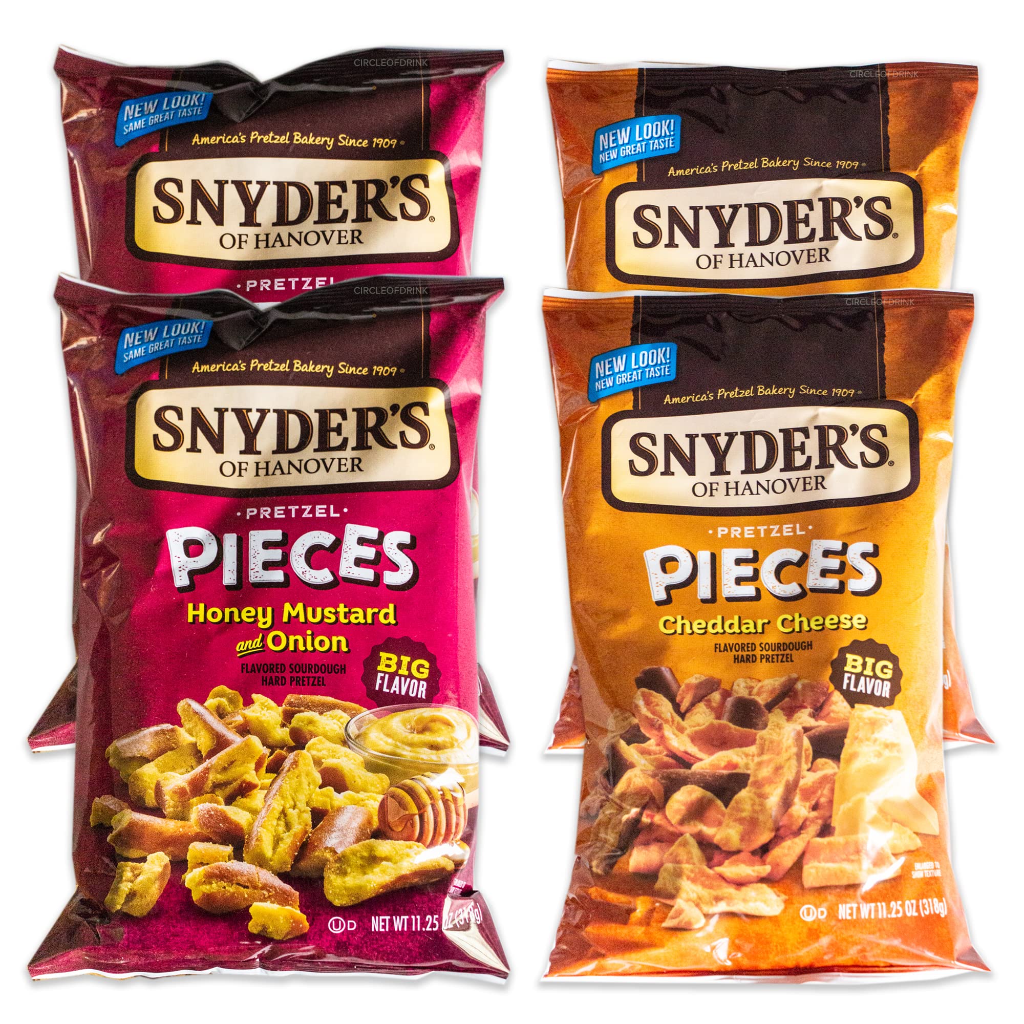 Snyder's Honey Mustard & Onion Pretzel Pieces and Cheddar Cheese Pretzel Bites Variety Pack - 4 Bags (11.25oz Each) - Crunchy Snacks for Parties, Movie Nights & On-The-Go