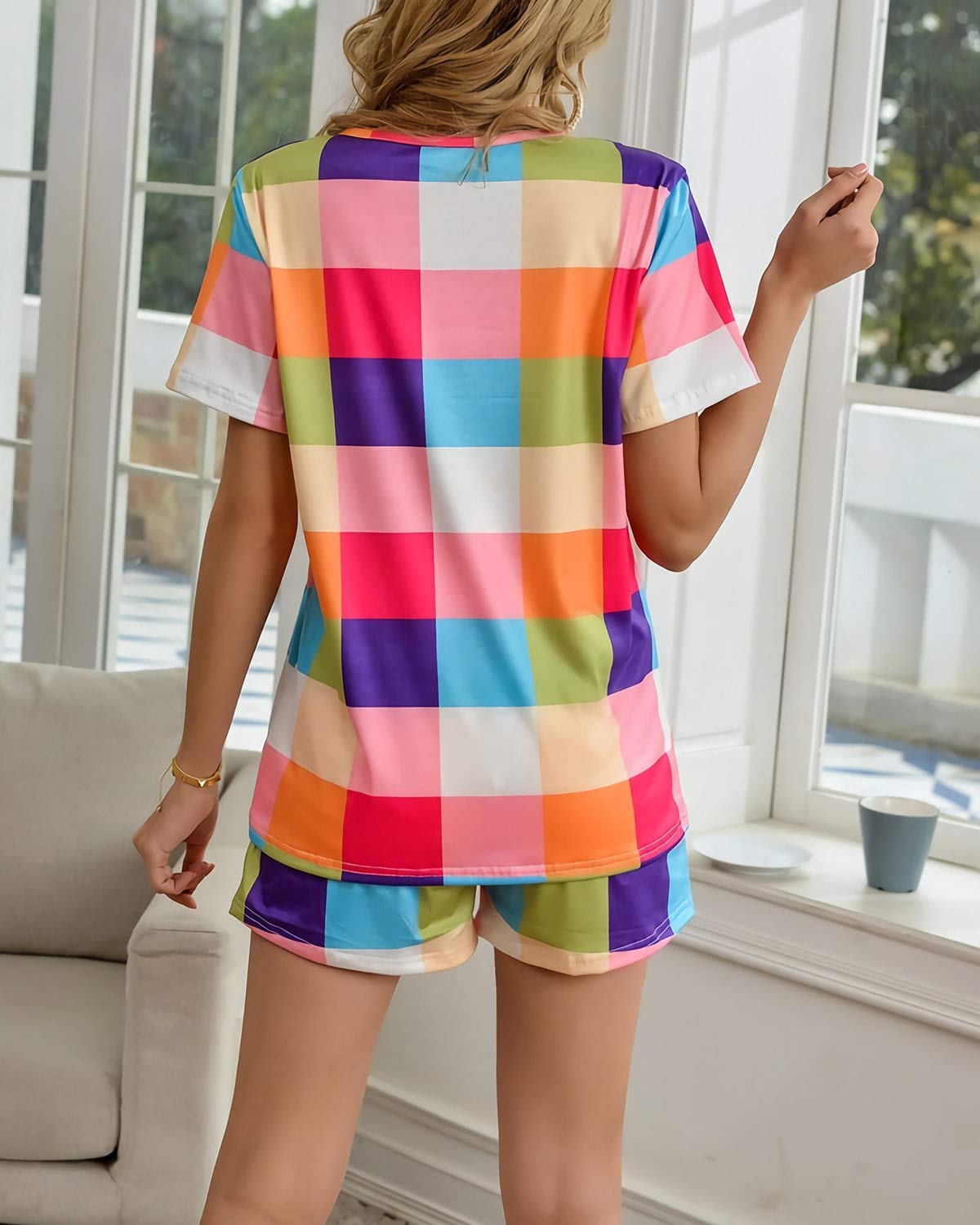 Women's Comfy Pajama Shorts Set - Cute Rainbow Plaid Print Sleepwear & Lounge Pajamas for Summer Nights, Sleepovers, and Relaxing at Home - Size L