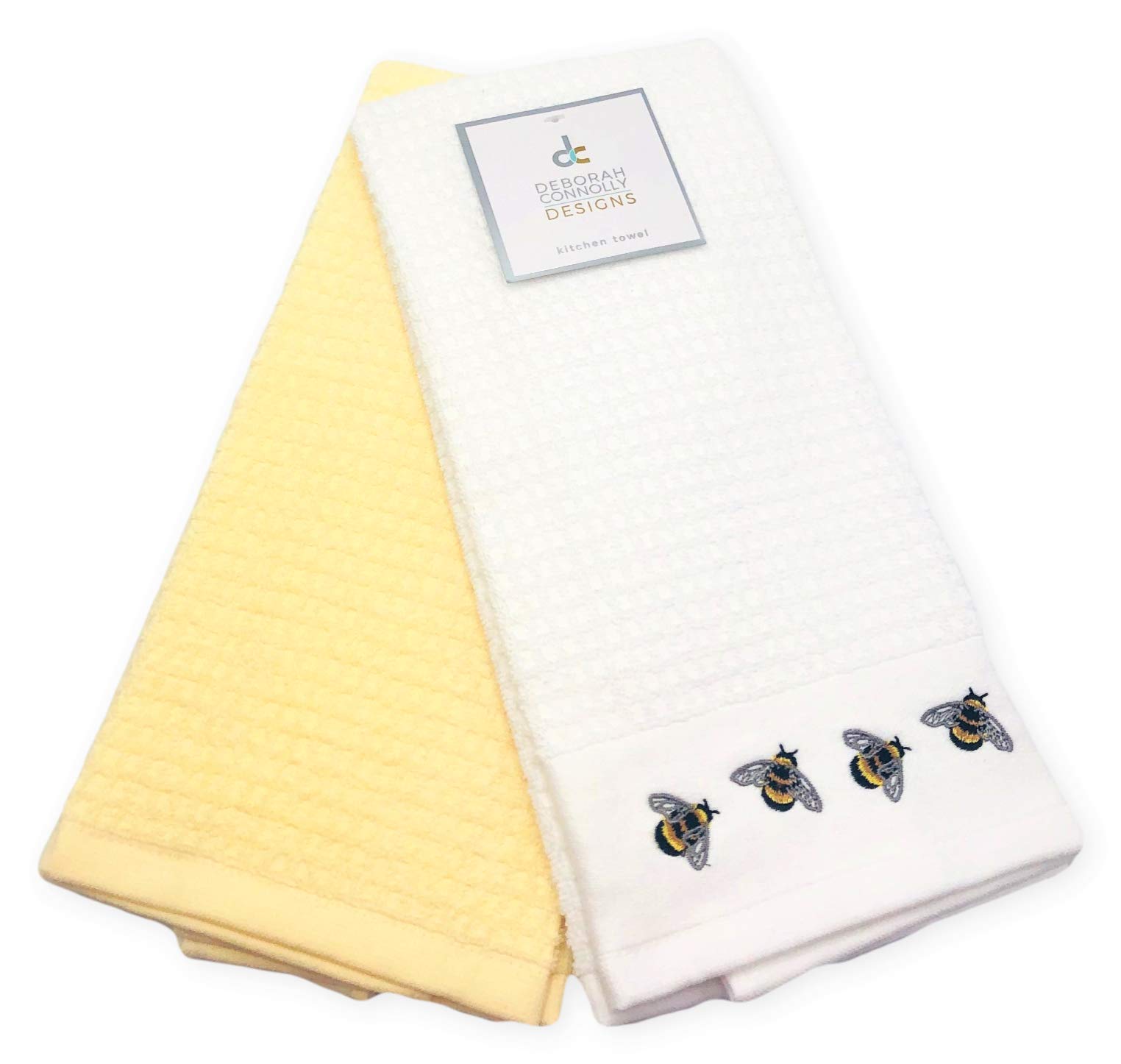 Deborah Connolly Designs Bumble Bee Kitchen Towels Set - 2-Pack Soft Absorbent Cotton Dish Towels in Yellow & White | Perfect for Baking, Cooking & Kitchen Decor