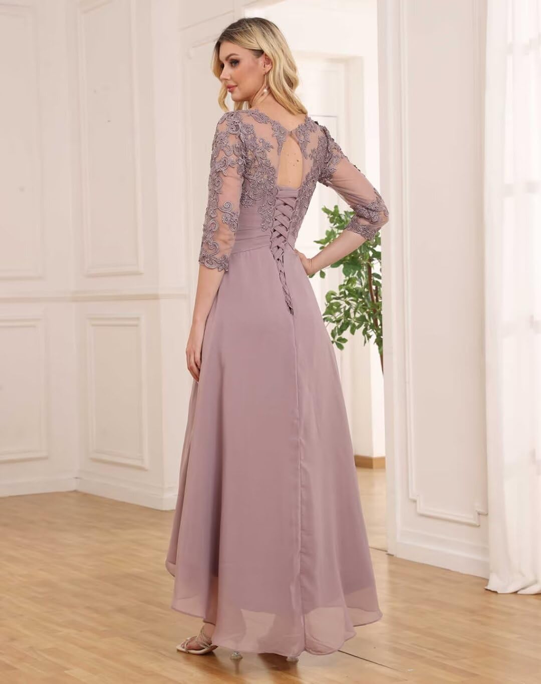 Elegant Tea-Length Mother of the Bride Dress with 3/4 Sleeve Lace & Chiffon - Formal Wedding Guest Gown for Special Occasions - Perfect for Weddings, Receptions & Evening Events