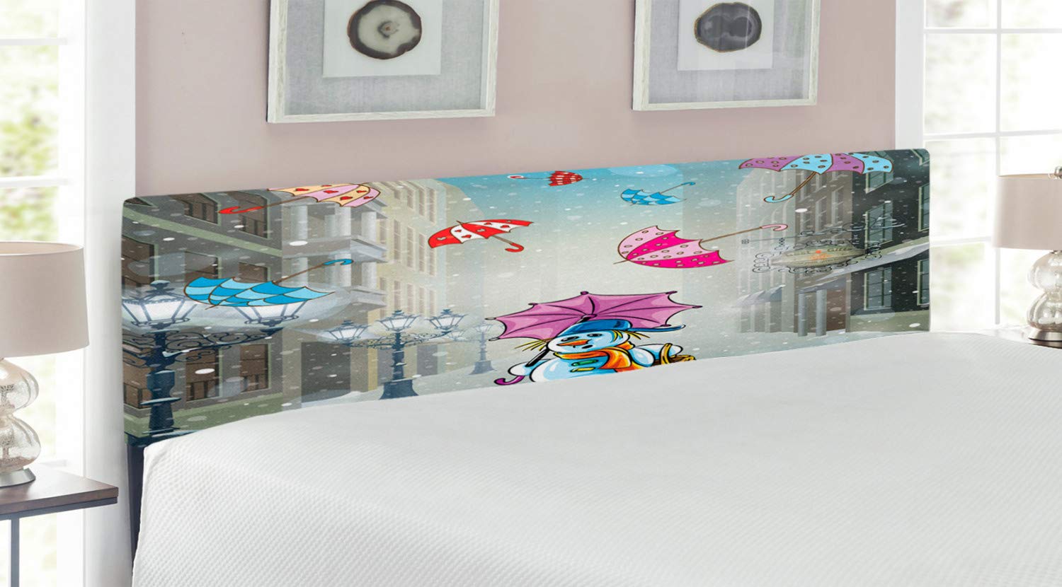 Ambesonne King Size Upholstered Winter Headboard with Snowman & Colorful Umbrellas Design - Decorative Metal Bed Headboard with Memory Foam for Cozy Bedroom Decor - Perfect for Kids' Rooms, Guest Bedrooms & Winter-Themed Home Styling