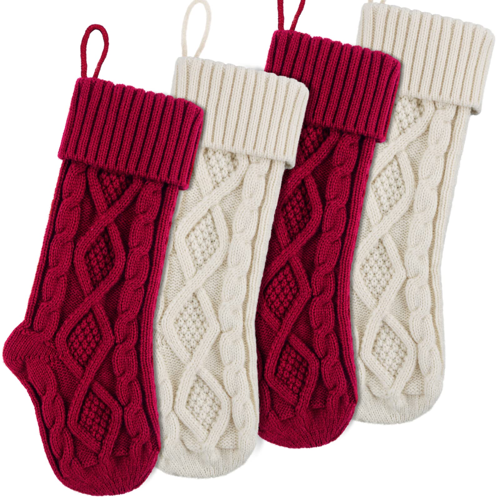 Christmas Stockings 4 Pack - 18 Inch Large Cable Knit Knitted Stockings for Holiday Decor | Rustic Farmhouse Xmas Decorations for Family | Burgundy Red & Cream White Stockings - Perfect for Fireplace Mantel, Staircase, and Country Home Holiday Decor