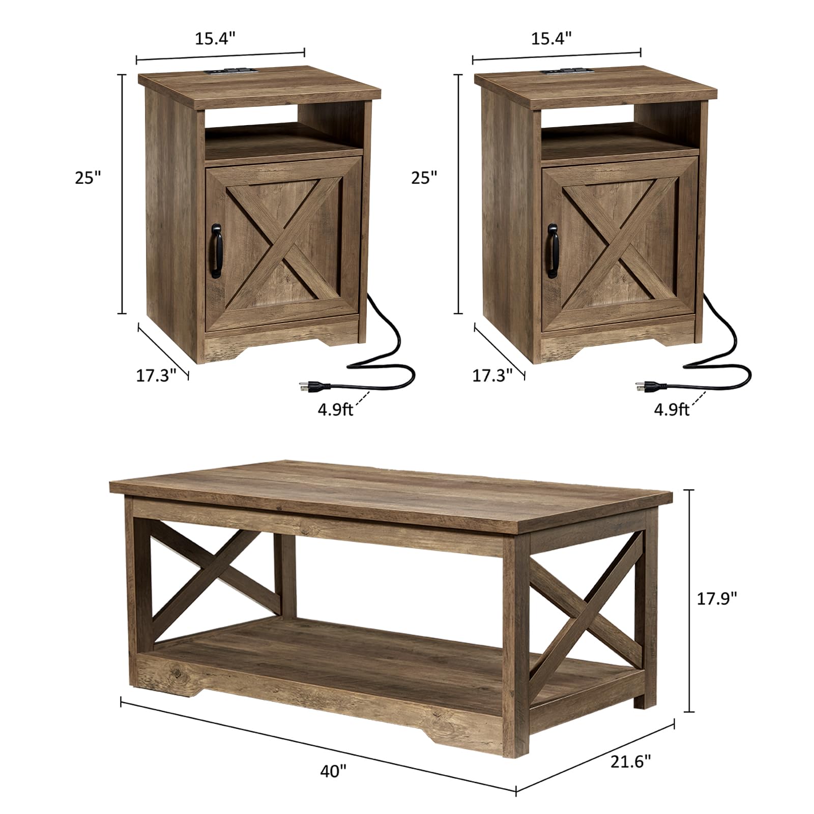 Farmhouse Coffee Table Set with 2 End Tables & USB Charging Station - Rustic Barnwood Living Room Furniture for Home Decor & Entertainment Areas