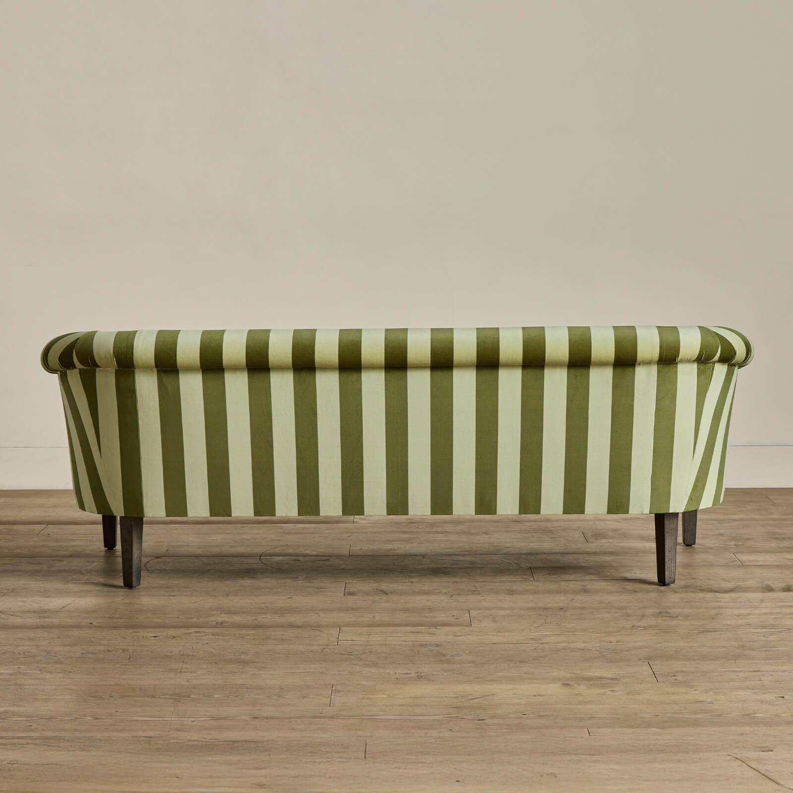CAMELOT STRIPE Velvet Lowback Settee Sofa - Juniper Green Upholstered Loveseat for Living Room, Bedroom, or Office Decor