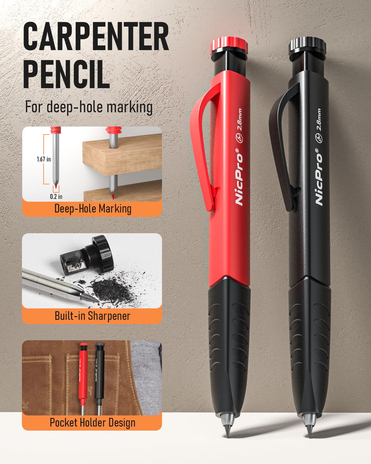 Nicpro 17-Pack CP2000 Carpenter Pencils with Sharpener - Mechanical Pencils Set Includes 57 Refills, Carbide Scribe & Deep Hole Marker - Heavy Duty Woodworking Pencils for Construction, Architects & DIY Projects - Perfect for Blueprint Marking, Framing & Carpentry Work