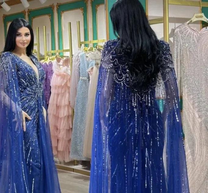 Elegant Turquoise Mermaid Beaded Evening Gown with Detachable Cape - LA72168A | Perfect for Prom, Gala, Wedding & Formal Events