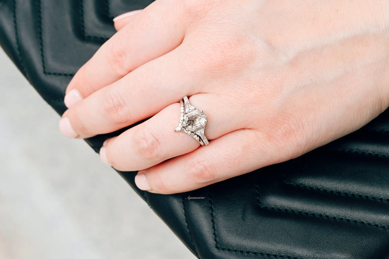 Galaxy Raw Salt & Pepper Diamond (Herkimer Diamond) Hexagon Ring Set - 925 Sterling Silver Jewelry for Women - Perfect for Weddings, Anniversaries & Special Occasions