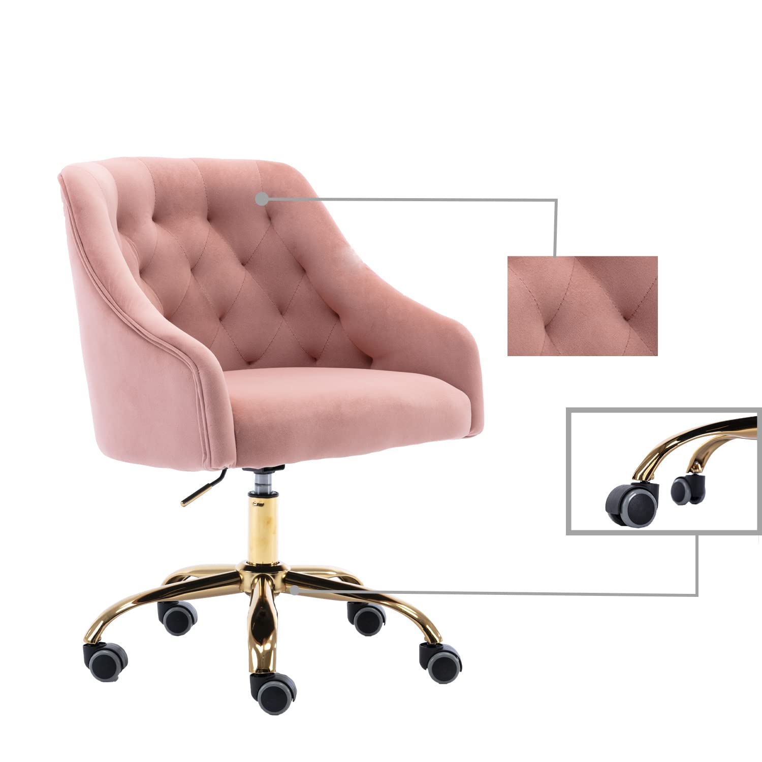 Ergonomic Velvet Swivel Office Chair with Wheels & Height Adjustment - Modern Home Desk Chair for Work, Study, Makeup Vanity - Perfect for Living Room, Bedroom & Home Office (Pink)