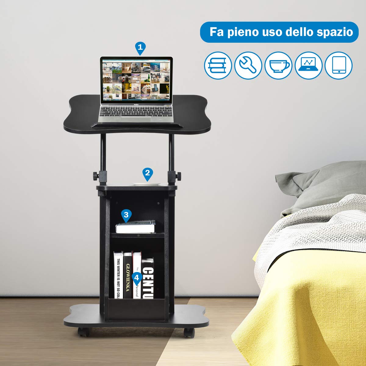 Height Adjustable Mobile Laptop Podium Stand - Rolling Sit to Stand Lectern with Swivel Top & Lockable Wheels, Computer Desk with Shelves for Classroom, Church, Home Office & Conference Room Presentations