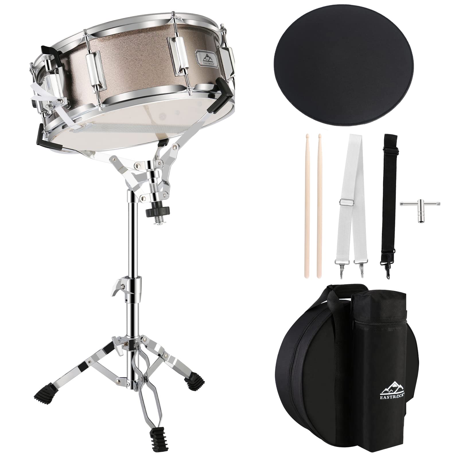 EASTROCK 14x5.5 Inch Snare Drum Set for Beginners & Students - Includes Gig Bag, Drum Sticks, Stand & Keys - Frosted Material Champagne Drum Skin - Perfect for School Bands, Practice & Live Performances