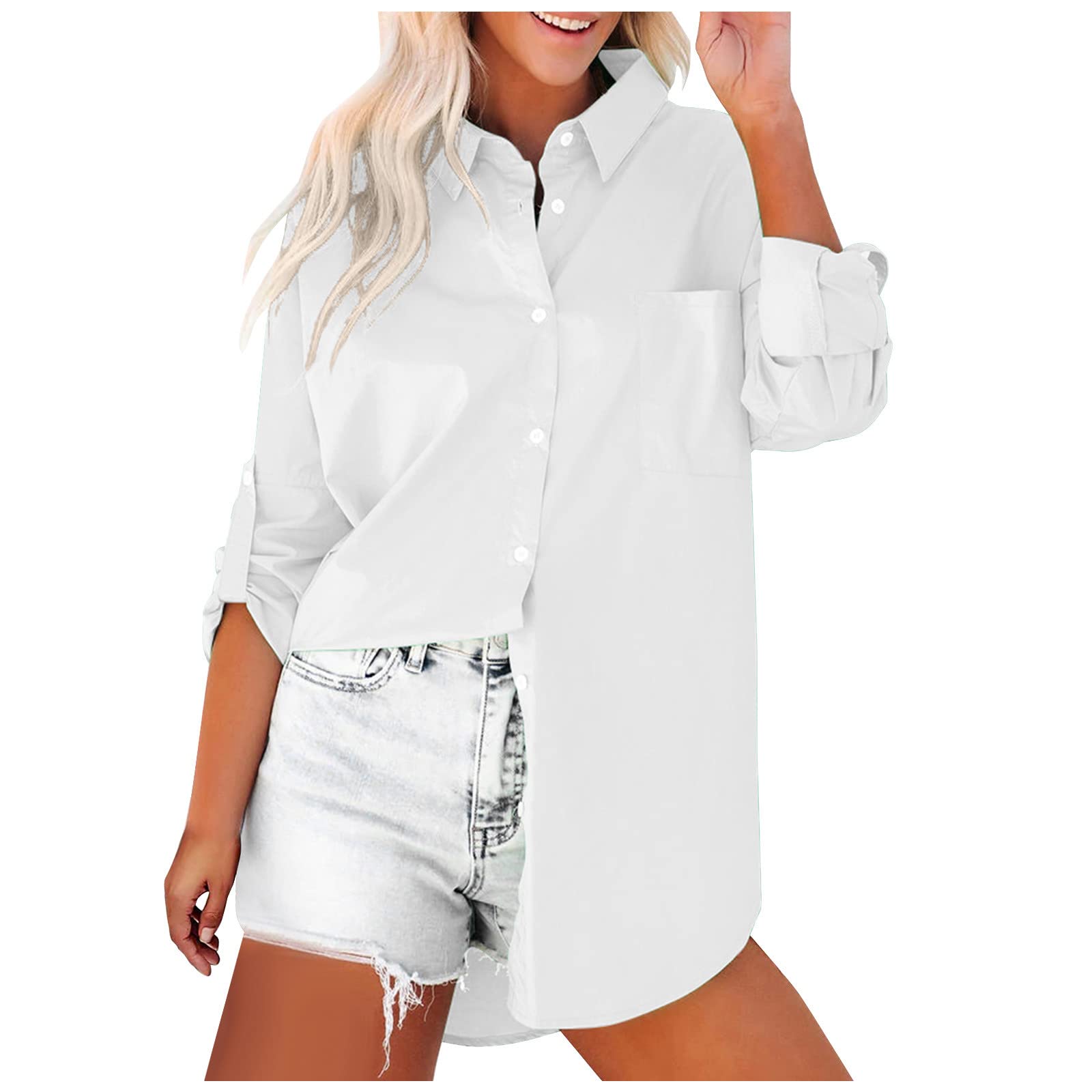 Women's V-Neck Button Down Shirts - Classic Fit Long Sleeve Blouse for Work & Casual Wear