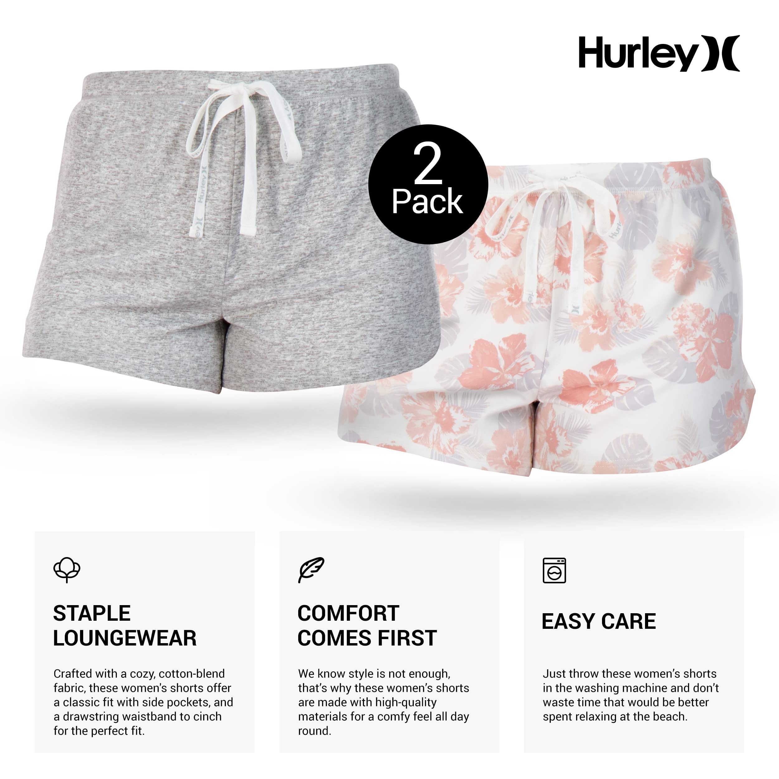 Hurley Women's Pajama Shorts 2-Pack - Soft Lounge Sleep Shorts for Summer, Cute & Comfortable Sleepwear - Perfect for Bedtime, Lounging at Home, and Vacation Getaways