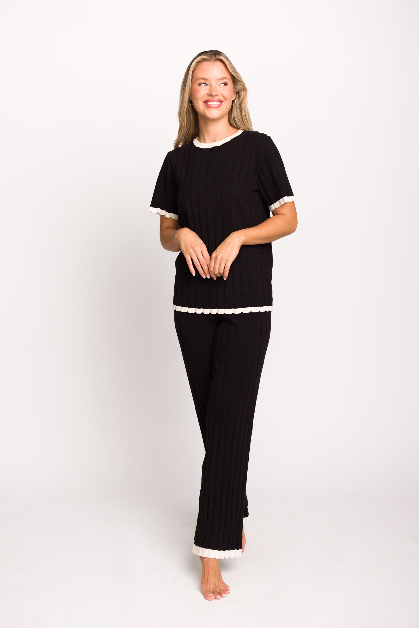 Adele Ribbed Knit Top and Pants Set - Women's Black Stretch Outfit for Casual Wear, Lounge & Fall Fashion