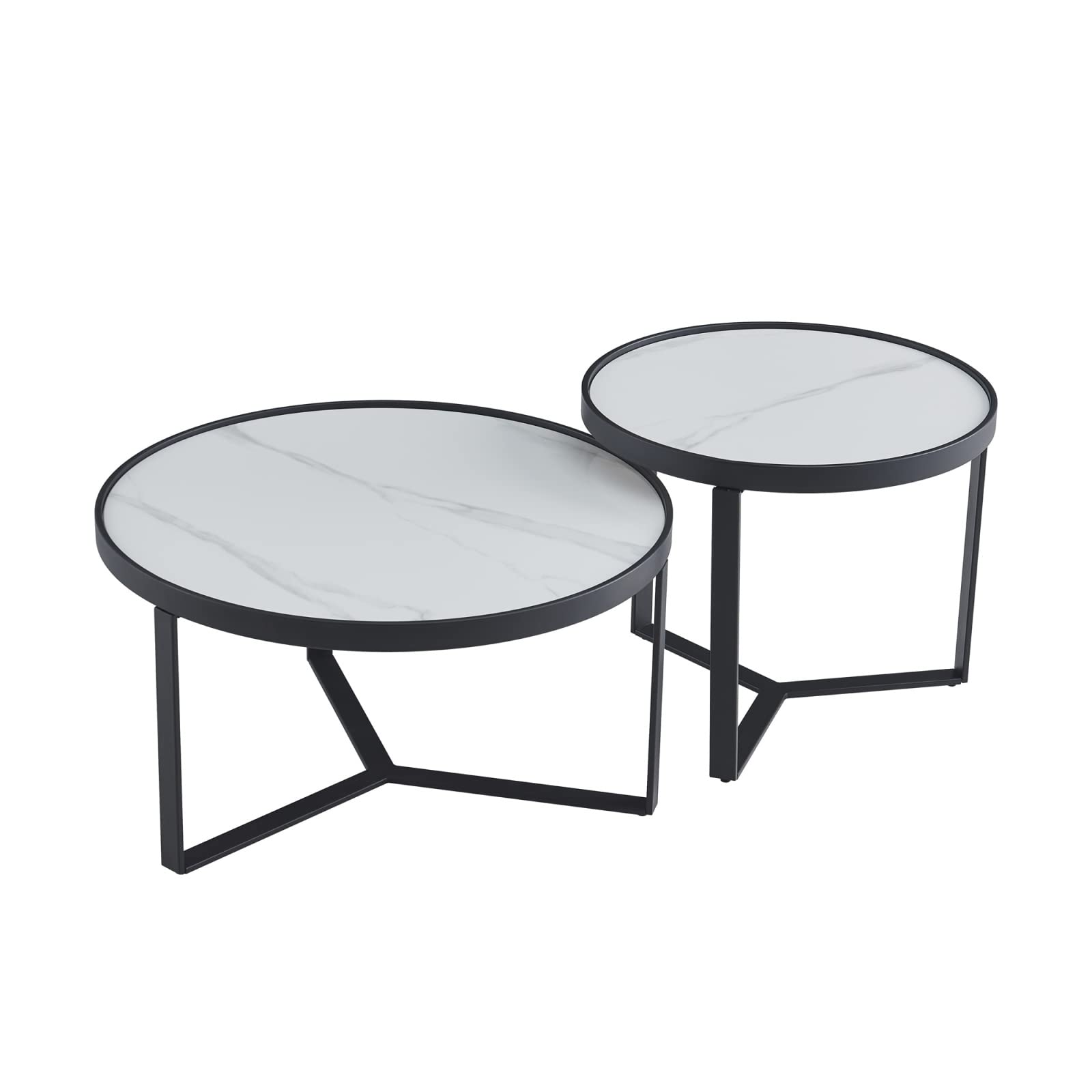 Modern Round Nesting Coffee Table Set of 2 - Sintered Stone Top & Metal Frame - Accent Tables for Living Room, Home Office, Balcony, Cafe - Perfect for Small Spaces, Entertaining Guests, and Stylish Home Decor