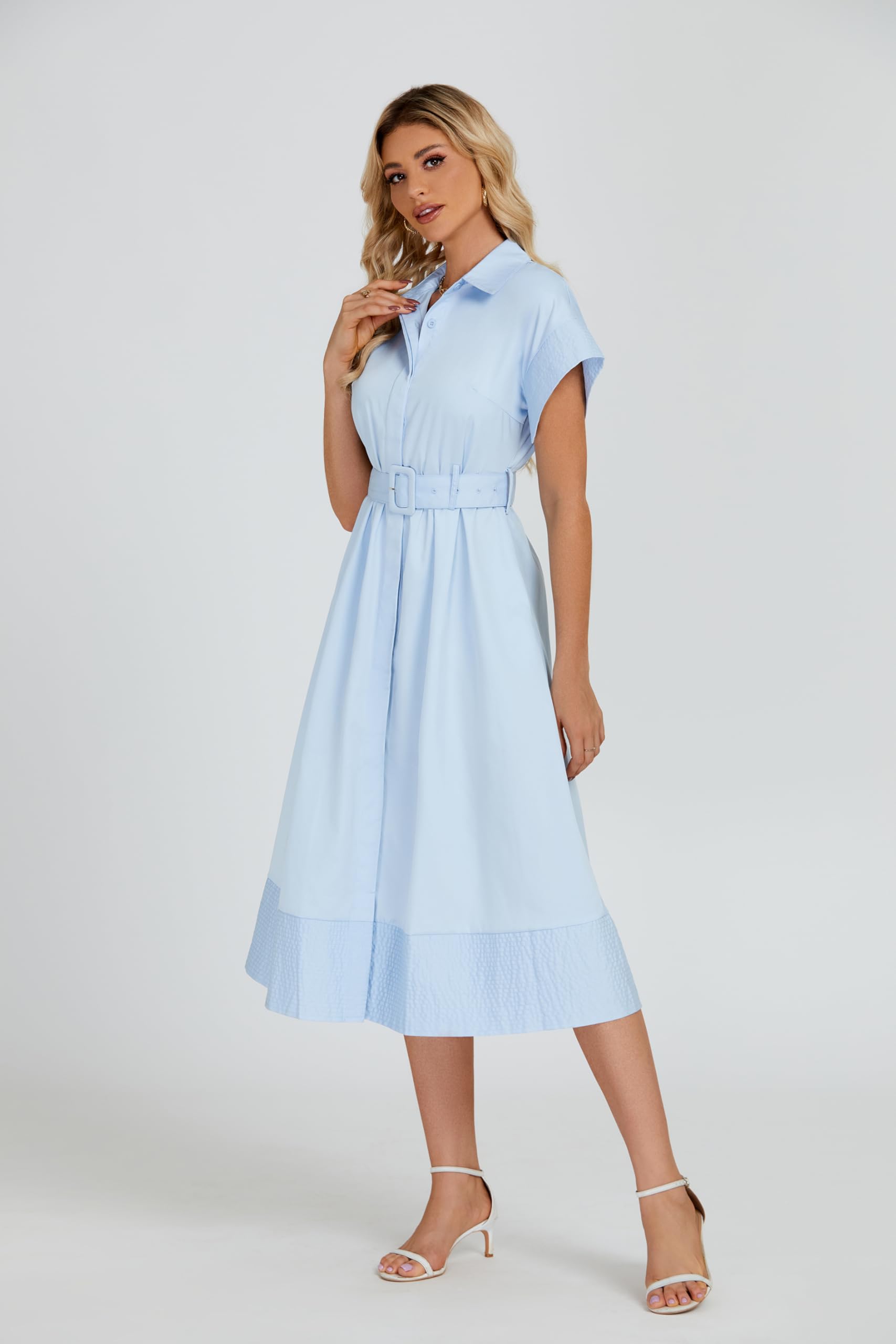 Stylish Women's Casual Button Down Shirt Dress with Short Wing Sleeves & Belt | Elegant Business Midi Dress in Light Blue | Perfect for Office Wear, Summer Outfits & Casual Occasions