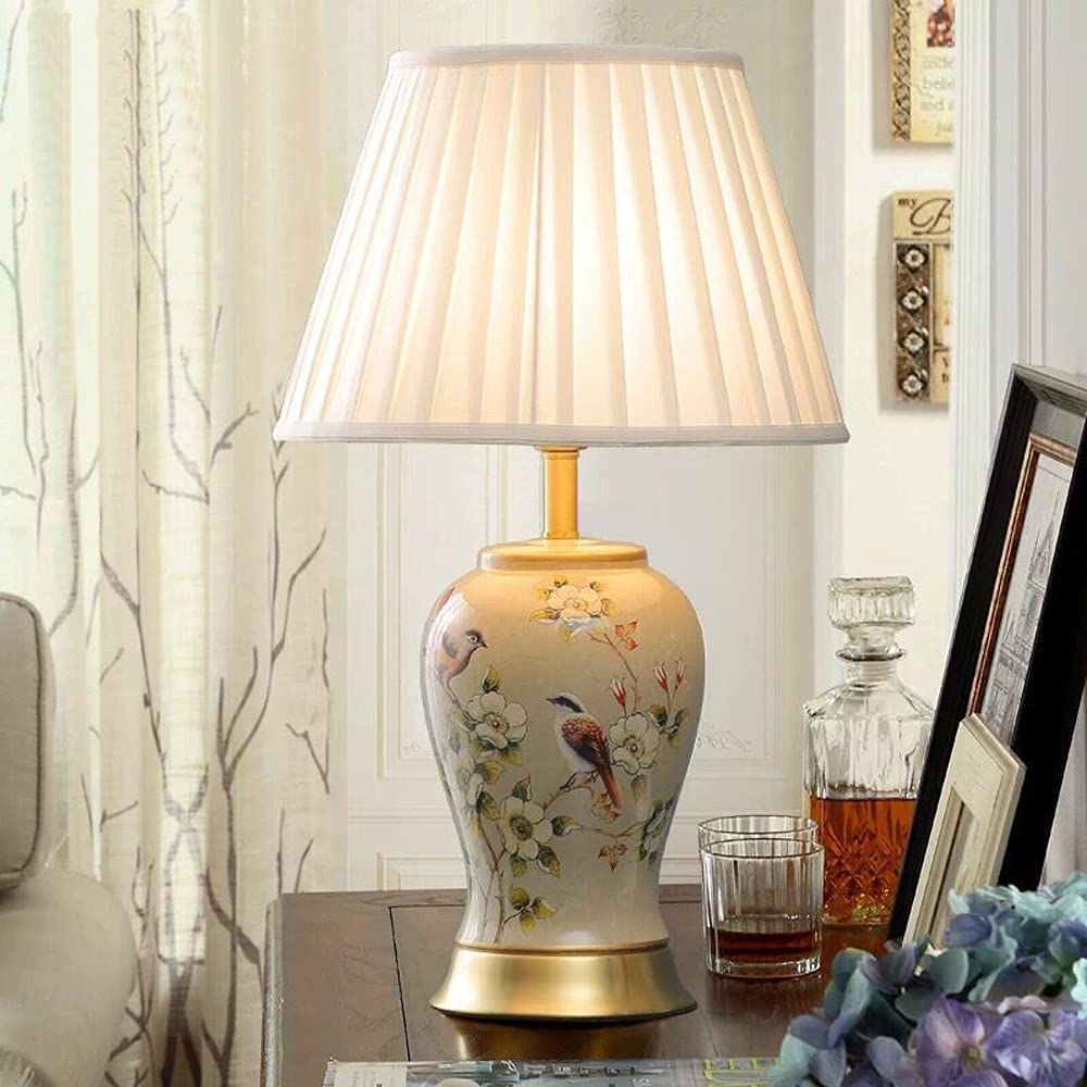 Hand-Painted Chinese Ceramic Table Lamp with Flowers & Birds Design - 55x33cm Modern Porcelain Nightstand Lamp for Living Room, Bedroom & Office Decor