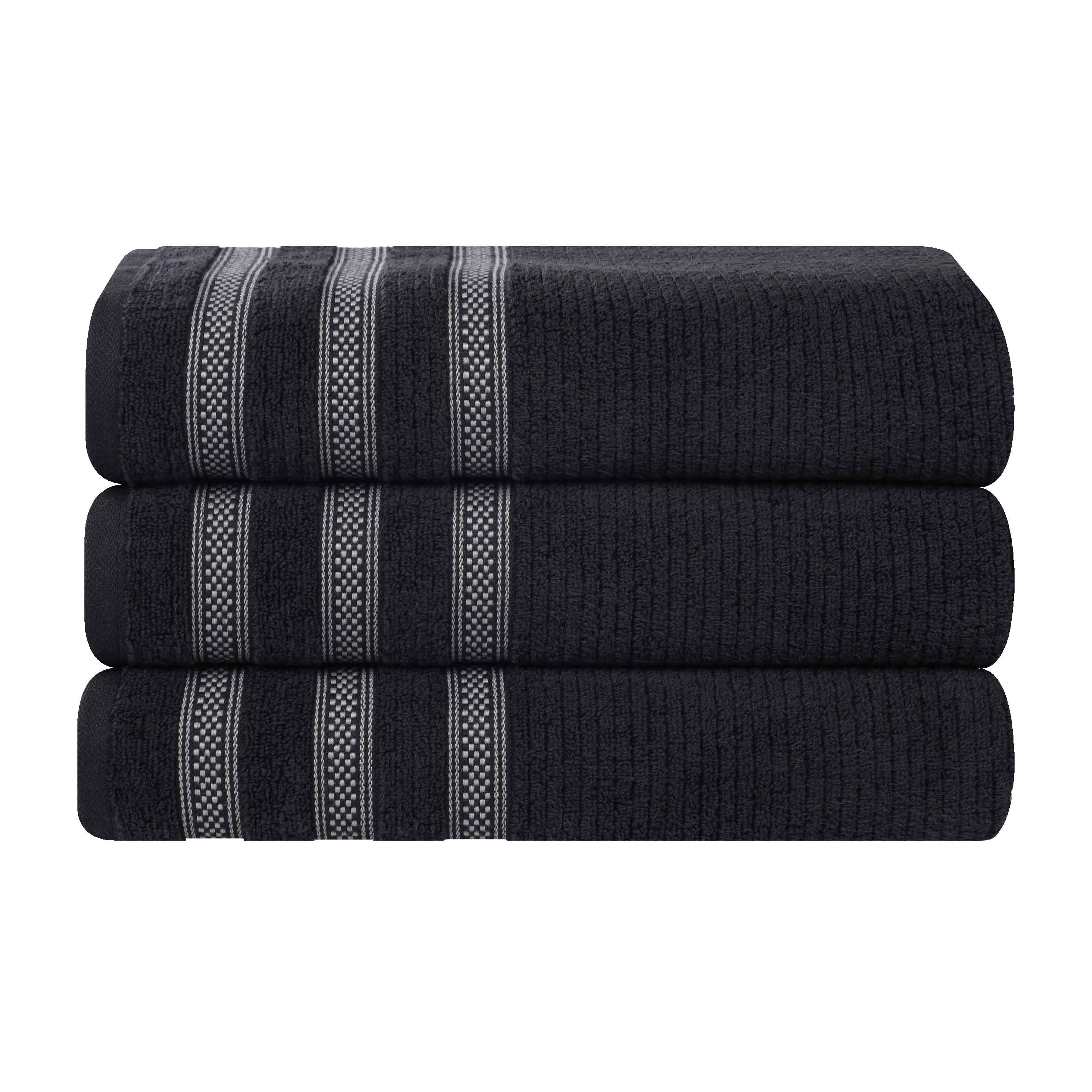 Soft Zero Twist Cotton Ribbed Geometric Border Plush Bath Towel Set of 3 - Ultra Absorbent & Quick Dry for Spa, Beach, and Luxury Bathroom Use