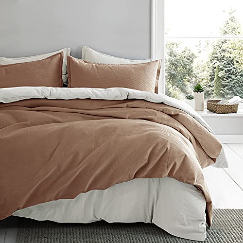 Eikei 100% Cotton Velvet Corduroy Duvet Cover Set - Natural Breathable Fabric, Modern Striped Reversible Design, Soft & Cozy Bedding (Mocha, Queen Size) - Perfect for Master Bedrooms, Guest Rooms & Cozy Winter Nights