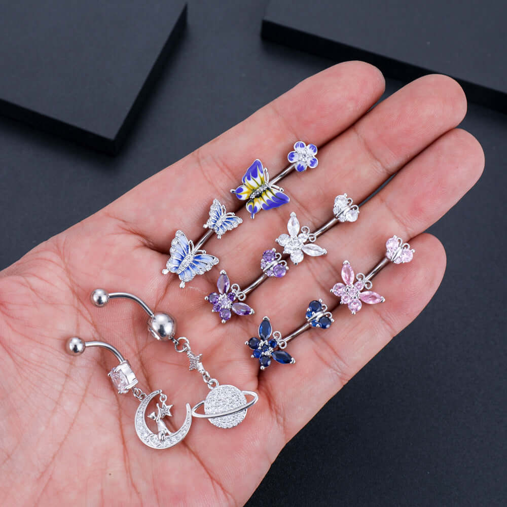 14G Purple CZ Butterfly Double Mount Dangle Belly Button Ring | WH2560 - Stylish Body Jewelry for Women, Perfect for Parties, Beach & Summer Outfits