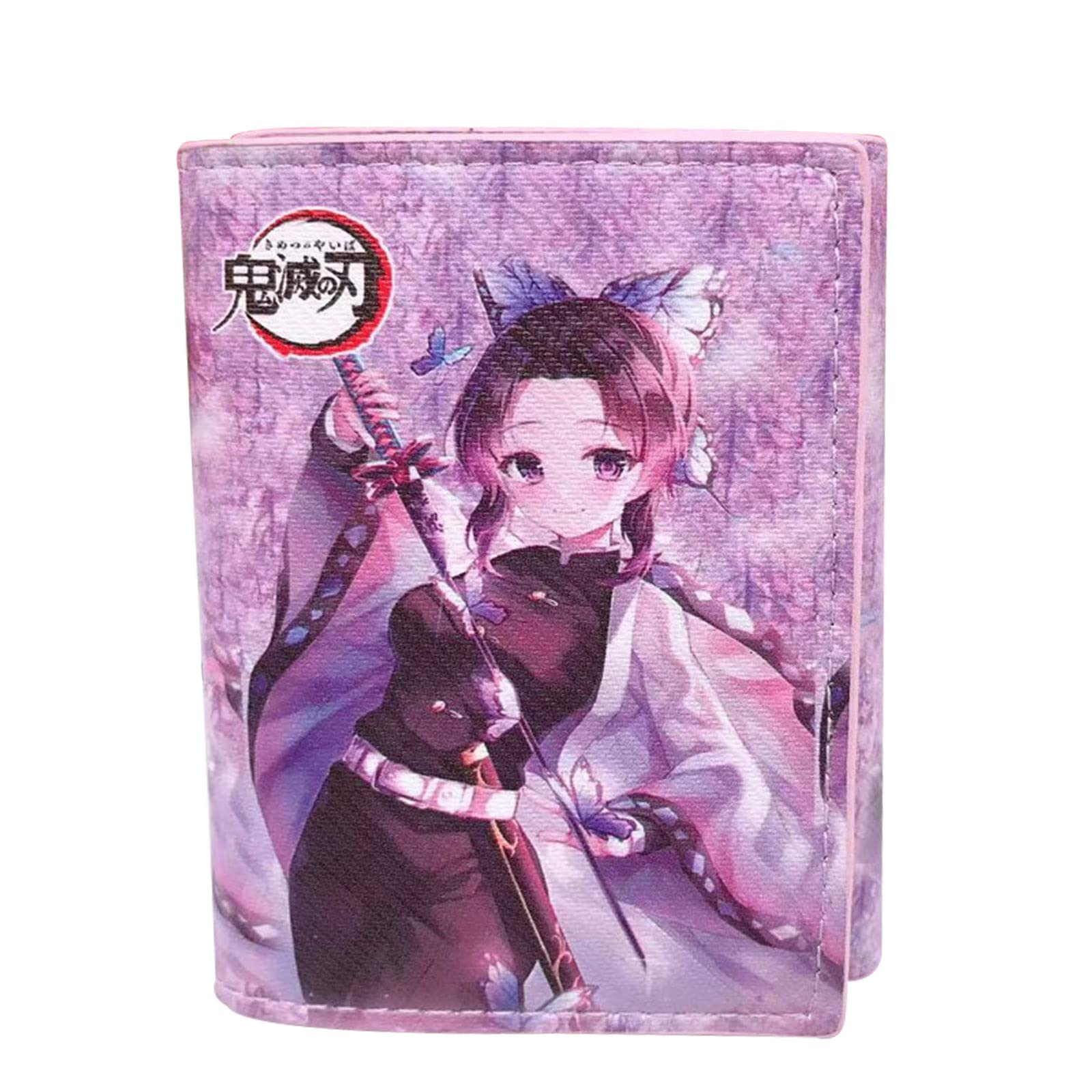 Demon Slayer Anime Wallet for Men - PU Leather Tri-Fold Design with Cash Slot, 4 Card Pockets & ID Window - Compact 4.7x3.7x0.4 Inch Hook & Loop Closure Wallet (Purple) - Perfect Gift for Anime Fans, Cosplay Events & Daily Use