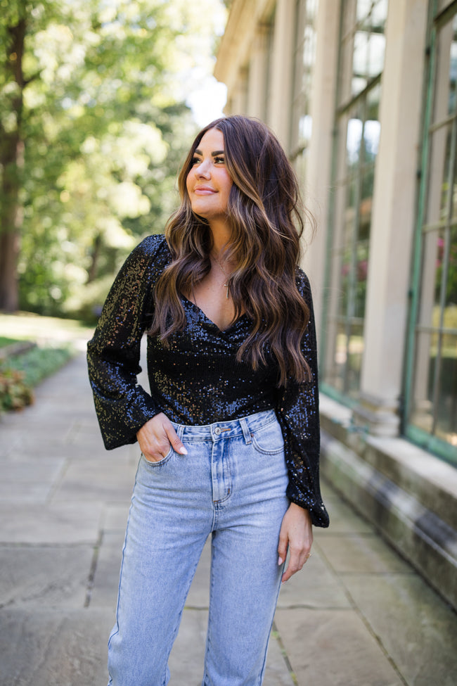 Holiday Toast Black Puff Sleeve Sequin Bodysuit - Women's Party Jumpsuit for Christmas, NYE & Special Occasions | Final Sale
