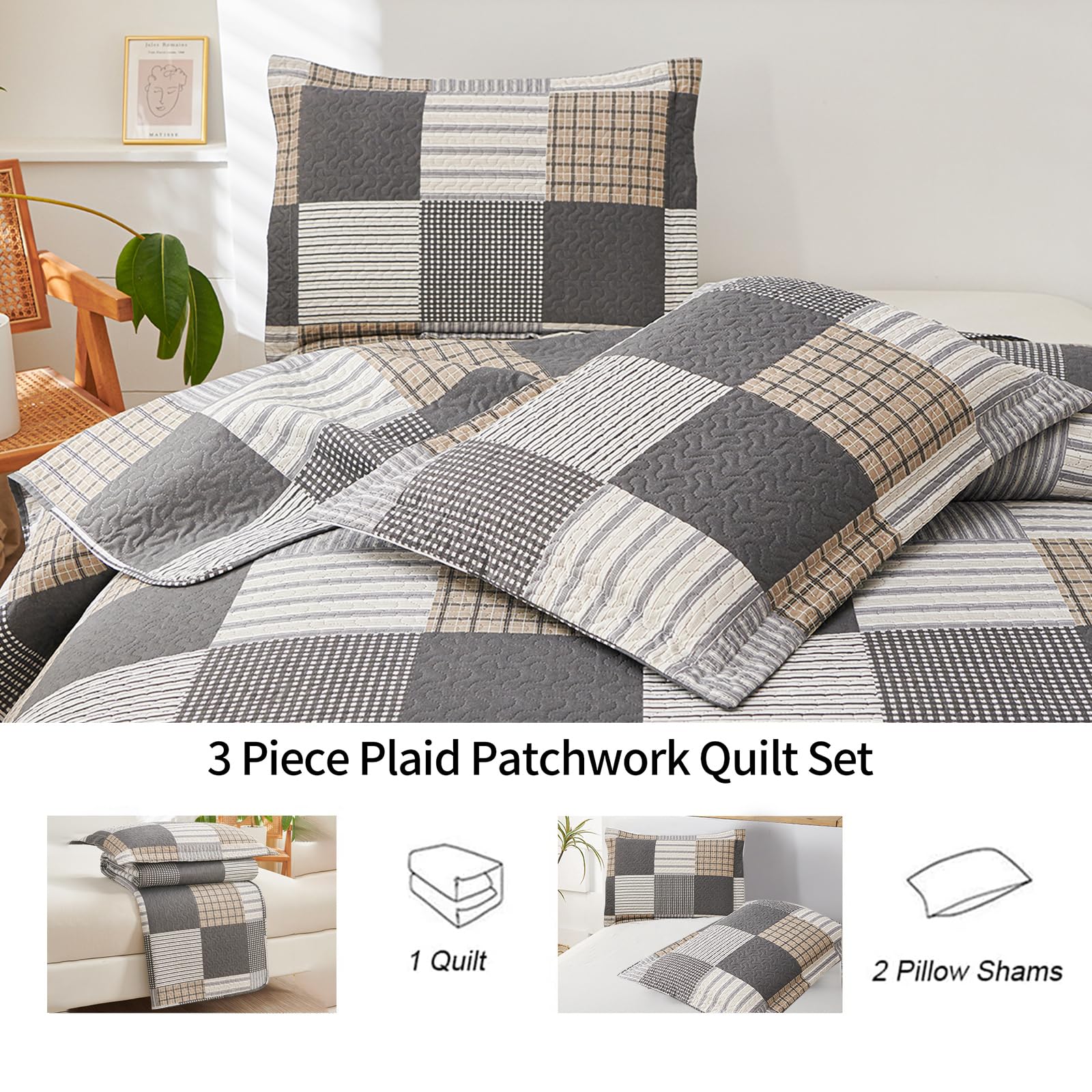 **King Size Plaid Quilt Set - Reversible Lightweight Microfiber Bedspread Coverlet for Boys & Men, Brown White Patchwork Design, All Season Soft Bedding - Perfect for Bedroom, Dorm, or Guest Room**