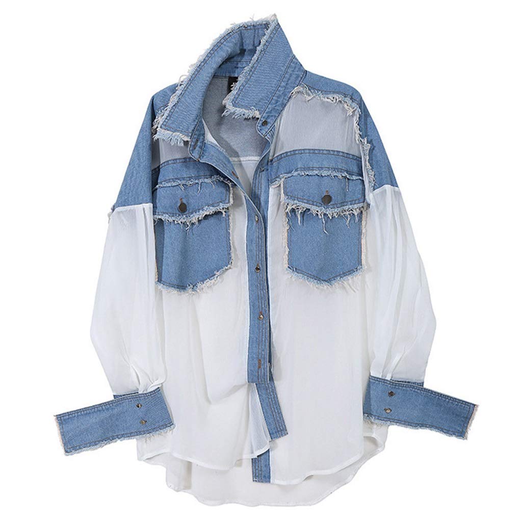 WSSBK Women's Chiffon Denim Plus Size Blouse - Lapel Long Sleeve Loose Fit Shirt for Spring & Autumn | Casual Office Wear & Fashion Outfits