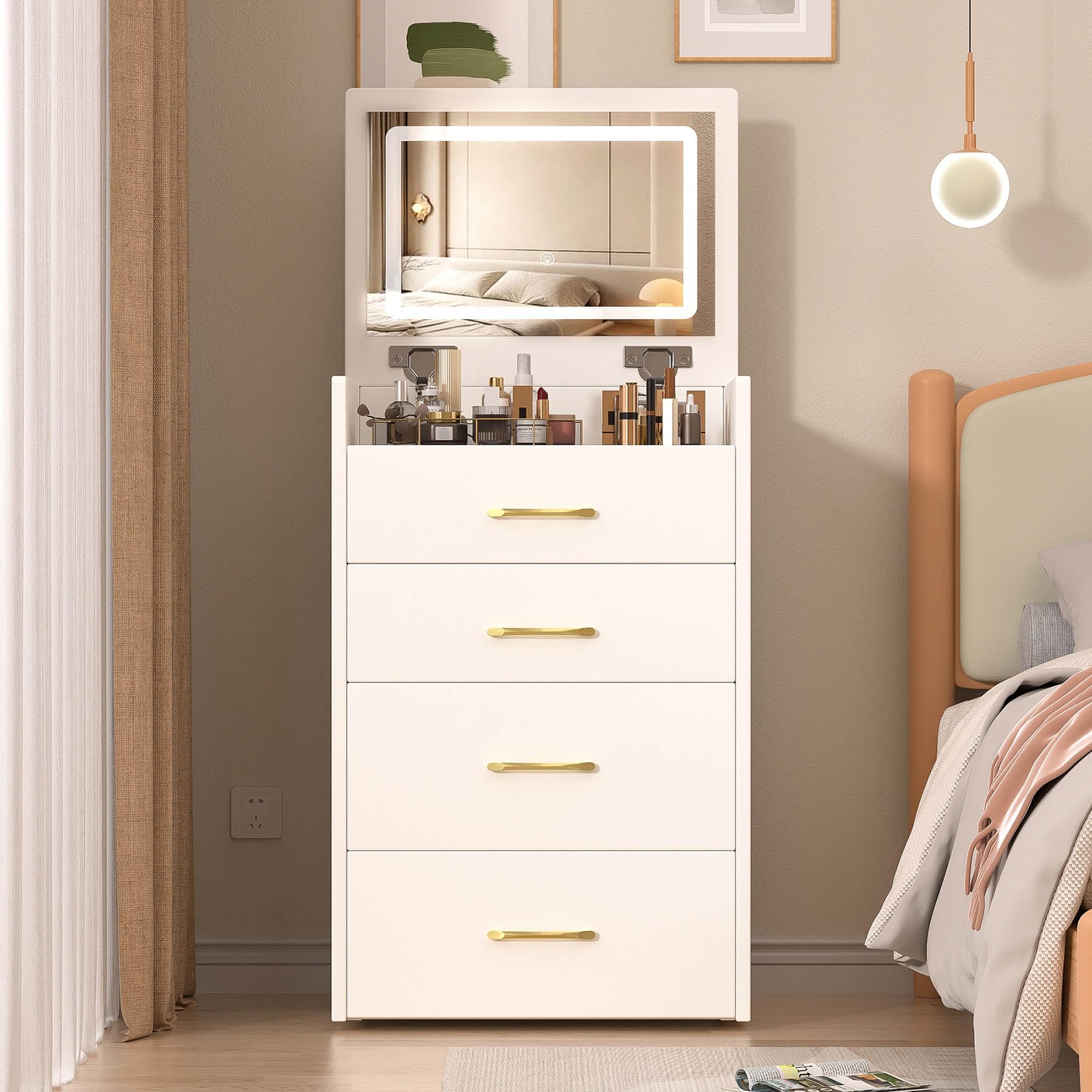3 in 1 Compact Vanity Desk with Flip-Up Mirror & LED Lights - Small Makeup Table with 3 Drawers, Storage Stool & Glass Top - Multifunctional Dressing Table for Bedroom, Bathroom or Dorm Room - White (Medium)