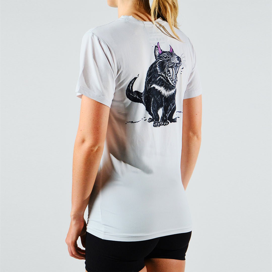 Eco-Friendly Women's Running Tee - Tarkine Ultra Soft Breathable Workout Top (Tasmanian Devil White/Thin) | Perfect for Jogging, Gym & Outdoor Activities