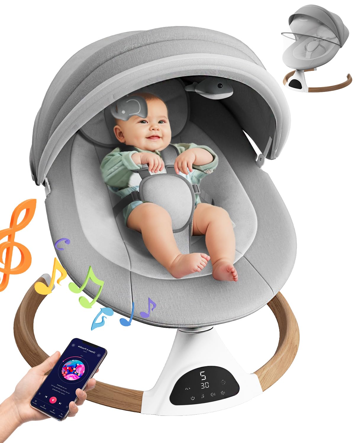 FasonBaby Bluetooth Baby Swing with 5 Speed Settings, 10 Soothing Lullabies & Remote Control - Portable Infant Swing for Newborns to Toddlers - Perfect for Nursery, Travel, and Outdoor Use
