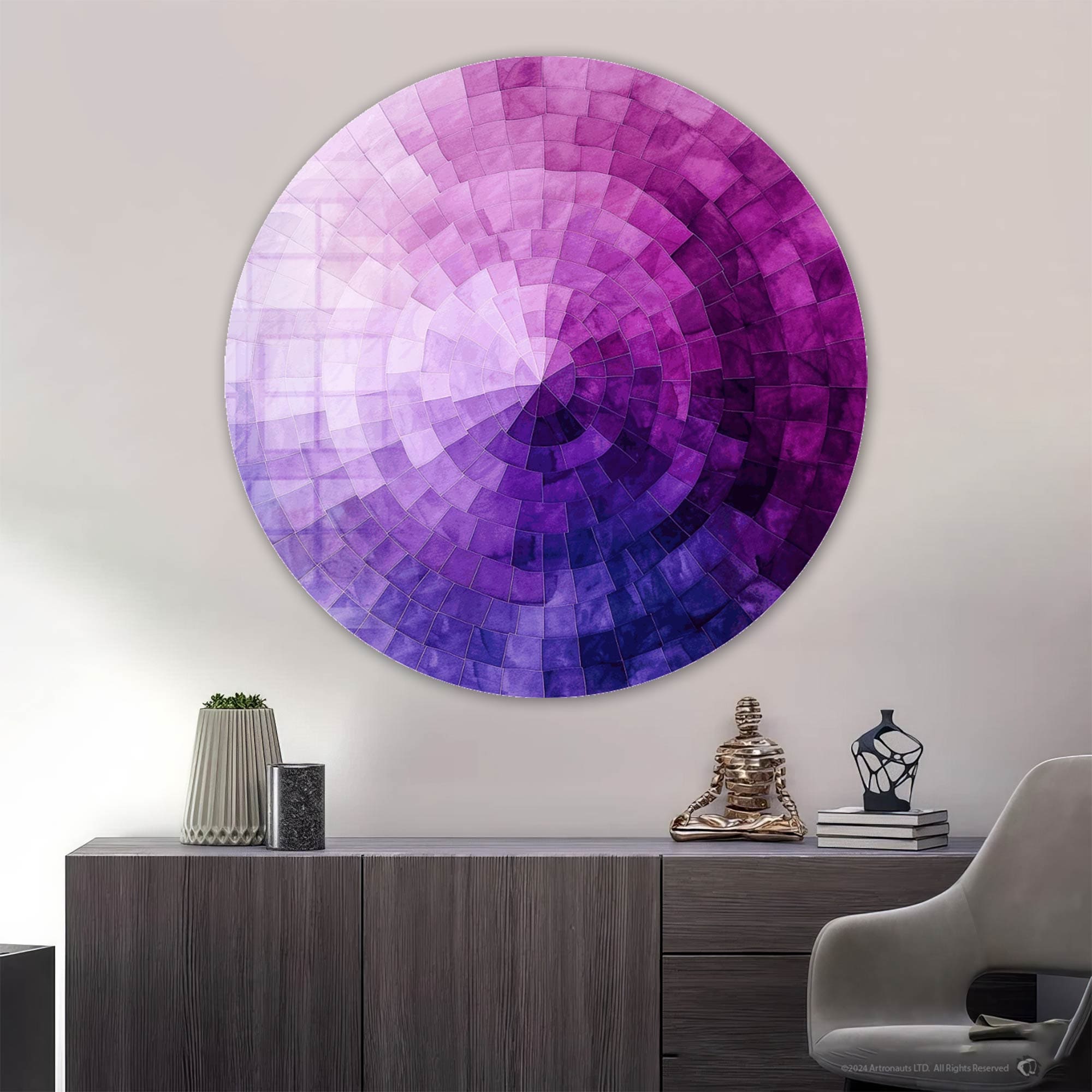 Violet Vortex Round Glass Wall Art - Modern Home Decor for Living Room, Bedroom & Office