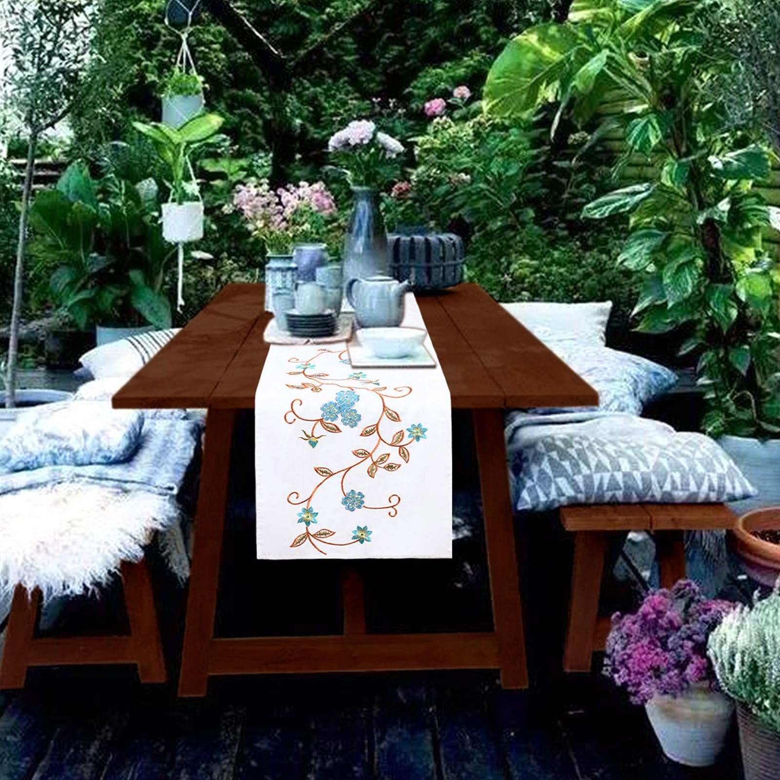 Simhomsen Double Thickness Rustic Embroidered Floral Table Runner - 14x35 Inch Farmhouse Decor for Dining Table, Buffet, Dresser - Spring Summer Home Decor in Teal Blue