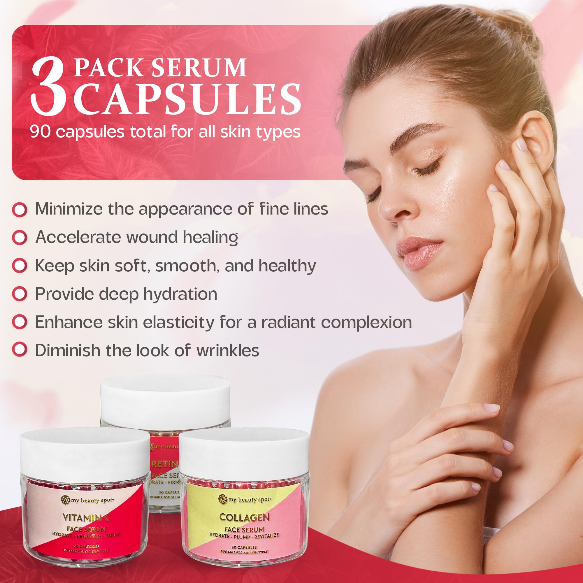 My Beauty Spot Facial Serum Capsules 3 Pack (90pcs) - Retinol Serum, Collagen Serum & Vitamin C Serum for Face - Anti-Aging, Anti-Wrinkle & Skin Brightening Treatment - Perfect for Night Routine, Travel Skincare & Daily Hydration Boost