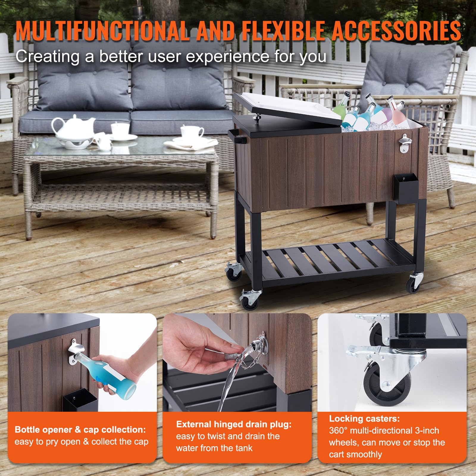 VEVOR 80 Quart Rolling Ice Chest Cooler Cart with Wheels - Portable Beverage Bar Stand, Outdoor Drink Cooler for Patio, Backyard, Pool Party & Tailgating - Includes Bottle Opener, Handles & Teak Wood Accent - Brown (Ideal for BBQs, Camping, Beach Trips & Outdoor Events)