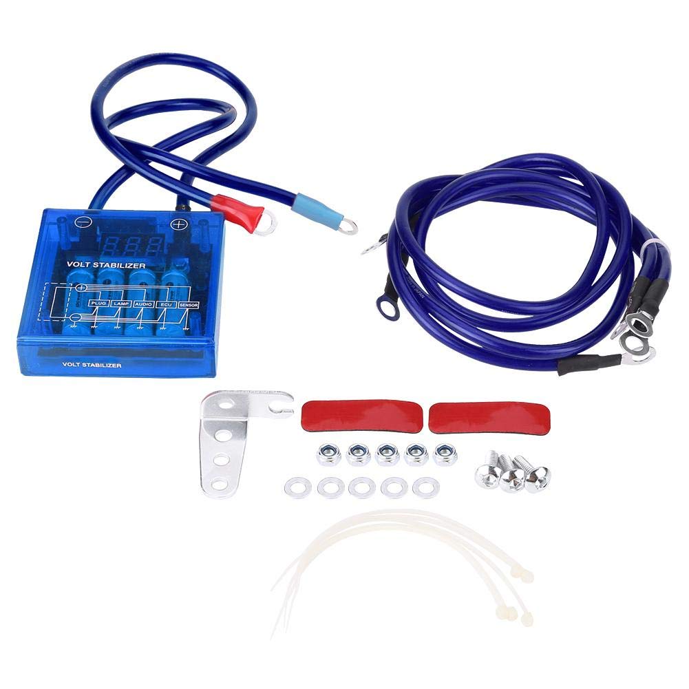 12V Universal Digital Voltage Stabilizer & Regulator Kit for Cars & Trucks - Includes 3 Ground Cables (Blue) | Improve Electrical Stability & Protect Vehicle Electronics