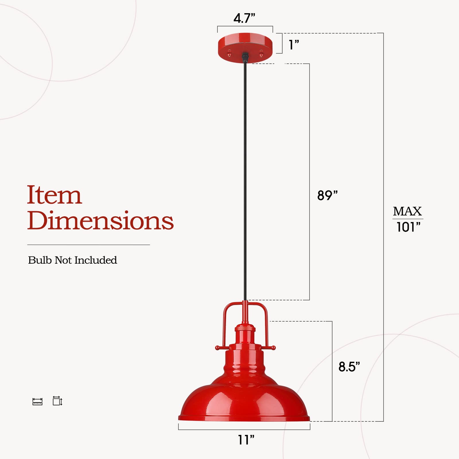 Modern Dome Pendant Light Fixture - 1-Light Kitchen Island Ceiling Lighting with Red Finish (016-1 RED) - Perfect for Dining Rooms, Breakfast Nooks & Farmhouse Decor