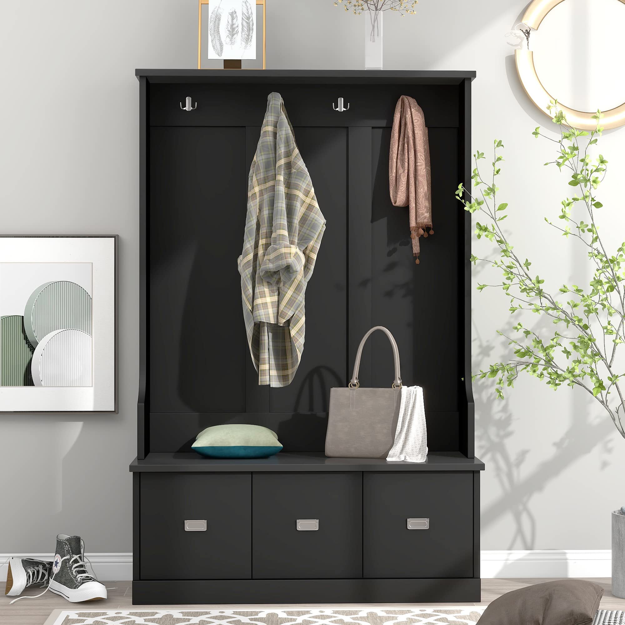 Yoluckea 3-in-1 Hall Tree with 4 Hooks & 3 Large Drawers - Entryway Storage Bench, Coat Rack & Shoe Bench for Hallway, Foyer or Mudroom Organization (Black) - Perfect for Small Spaces & Home Entry Storage Solutions