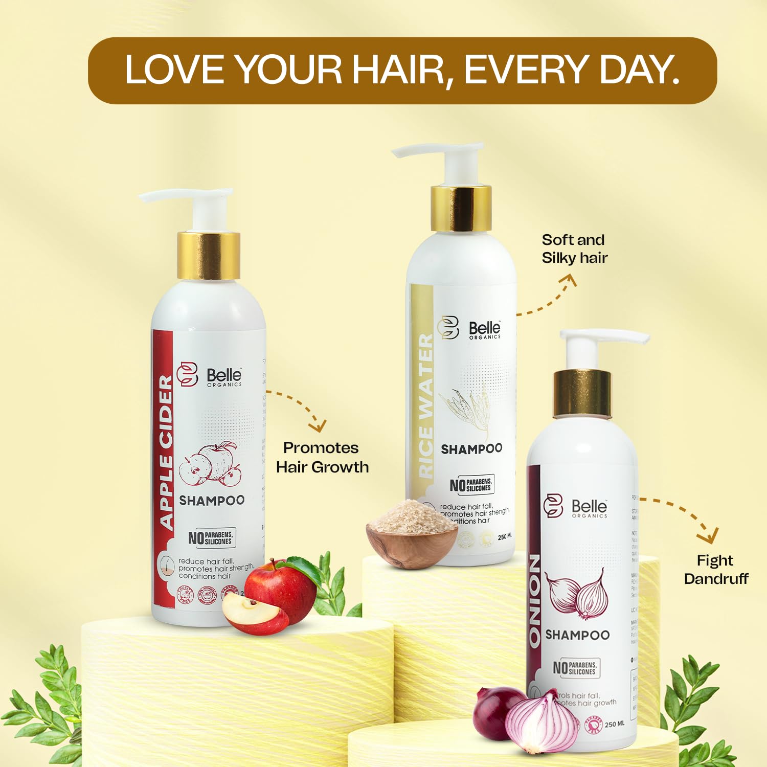 Belle ORGANICS Rice Water & Onion Shampoo Set - 250ml Each | Ayurvedic Hair Growth Treatment for Stronger, Silkier Hair | Sulfate, Silicone & Paraben Free | Men & Women | Daily Hair Care for Damaged & Thinning Hair | Home Spa & Salon Quality Treatment