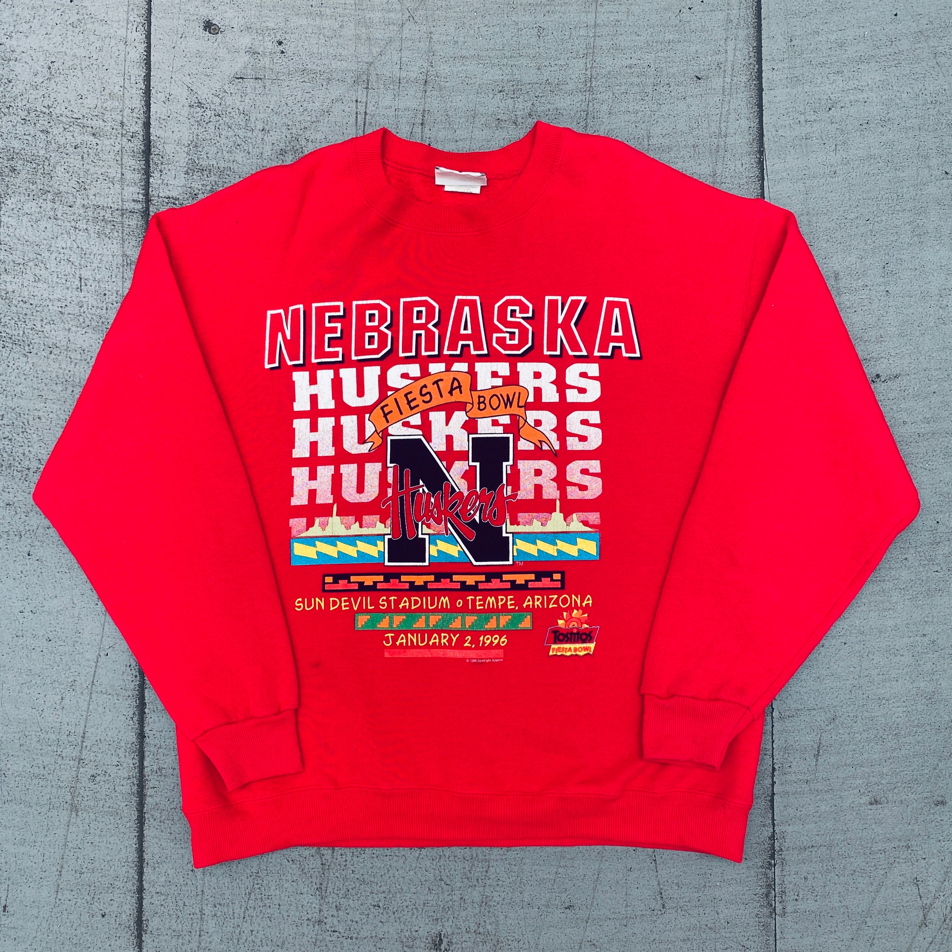 Nebraska Cornhuskers 1996 Tostitos Fiesta Bowl Vintage Graphic Sweatshirt (Large) - College Football Fan Apparel & Retro Sports Memorabilia for Game Day & Tailgating