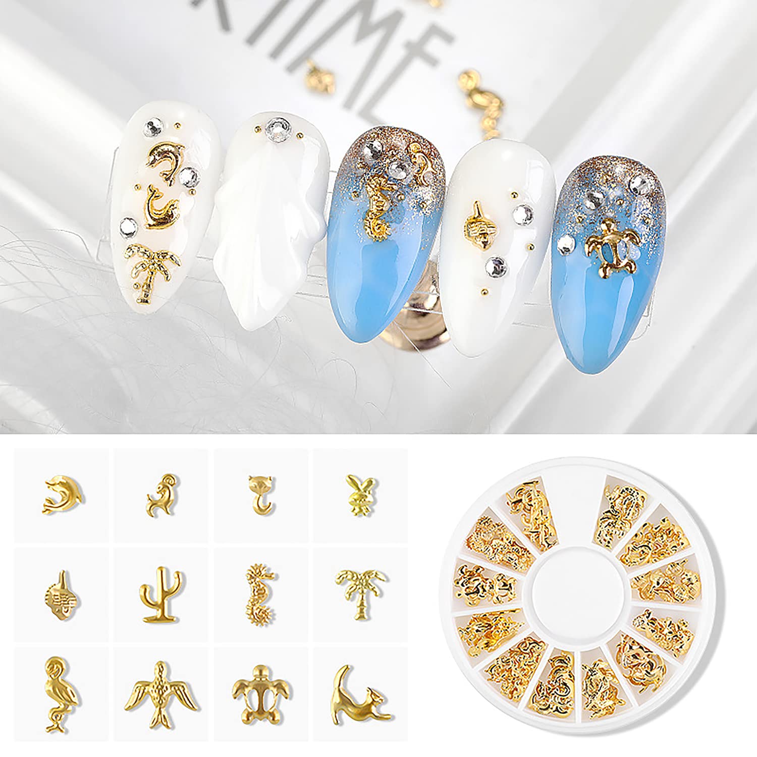 WOKOTO 6 Boxes Gold Nail Charms for Acrylic Nails - Metal Nail Studs, Nail Art Decorations with Flowers, Shells, Stars & Moons Designs | Perfect for DIY Nail Art, Manicures, Pedicures & Professional Salon Use